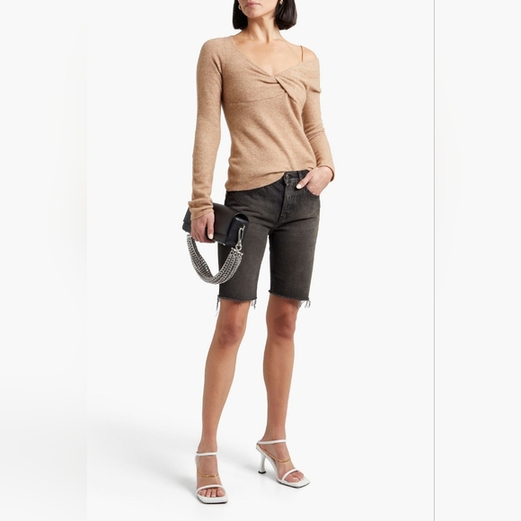 Helmut Lang Off-The-Shoulder Beige Sand Twisted Brushed Wool Blend Sweater - Picture 2 of 7